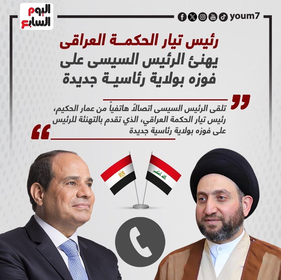 رئيس تيار الحكمة العراقى يهنئ الرئيس السيسى بفوزه بولاية رئاسية جديدة رئيس تيار الحكمة العراقى يهنئ الرئيس السيسى بفوزه بولاية رئاسية جديدة