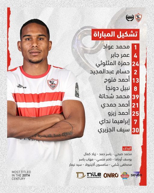May be an image of 1 person, playing football, playing soccer and text that says 'تشکیل المباراة 1 4 po LK محمد عواد عمر جابر 24 حمزة المثلوثي 2 حسام عبدالمجید 13 أحمد فتوح 8 نبيل دونجا 39 محمد شحاتة 21 أحمد حمدي 25 أحمد زيزو 7 إبراهيما نداي 30 سيف الجزيري البدلاء MOST TITLED MOSTTITLED 20TH IN CENTURY محمد صبحي ياسر حمد زياد كمال يوسف أوباما ناصر منسي مهاب ياسر مصطفى شلبي سامسون isi أكينيولا سيد نيمار ONIRO DEVELOPUEHTS Mile seven 一員 Regina'