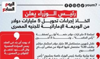 رئيس الوزراء يعلن تحويل 5 مليارات دولار من الوديعة الإماراتية للجنيه.. إنفوجراف