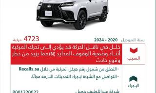 وزارة التجارة : استدعاء 33,350 مركبة. تويوتا «Land Cruiser». لكزس «LX600 / LX500». 2020 - 2024. لخلل في ناقل الحركة قد يؤدي إلى تحرك المركبة أثناء وضعية الوقوف المحايد (N) مما يزيد من خطر وقوع حادث.