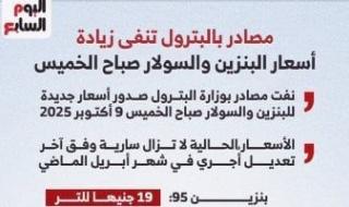 مصادر
      بالبترول
      تنفى
      زيادة
      أسعار
      البنزين
      والسولار
      صباح
      الخميس..
      إنفوجراف
