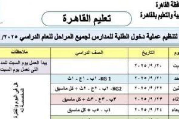 أولى
      الأحد
      وتانية
      الاثنين..
      تعليم
      القاهرة
      تعلن
      خطة
      دخول
      المدارس
      لجميع
      المراحل