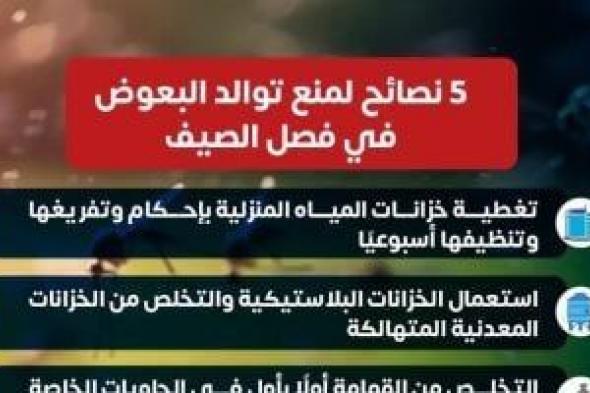 وزارة
      الصحة
      تقدم
      5
      نصائح
      لمنع
      توالد
      البعوض
      خلال
      فصل
      الصيف